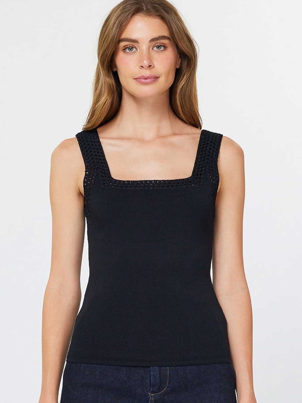Anthropologie Current Air Kiki Knit Slim Fit Square Neck Black Tank Top NWT Sz L